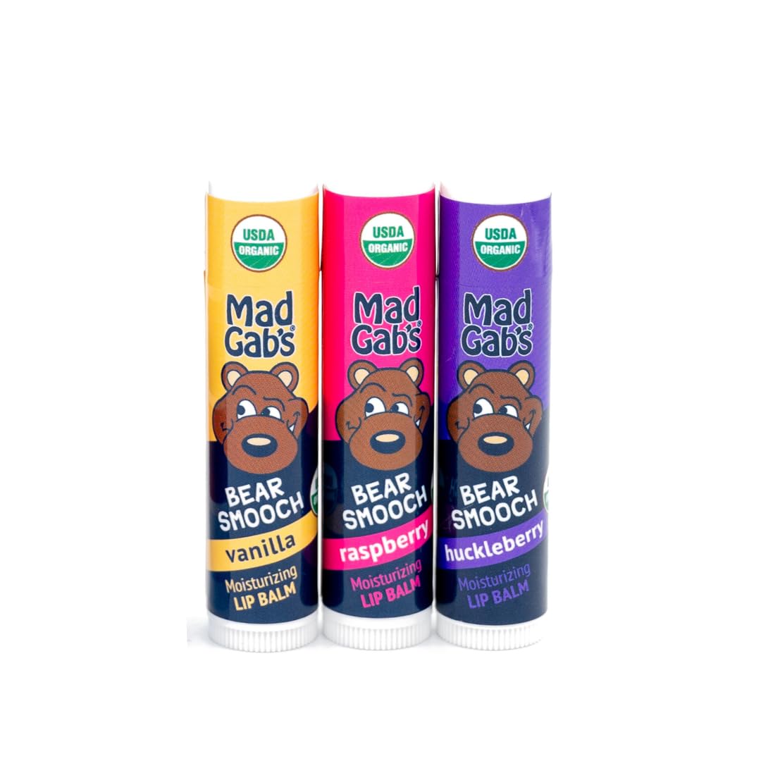 Mad Gab's Bear Smooch Assorted Lip Balm 3pk | Moisturizing and Certified Organic | Made with Organic Olive Oil and Beeswax