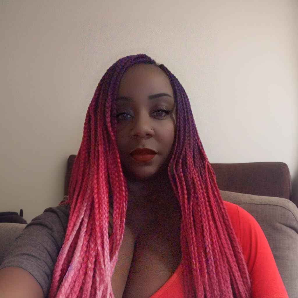 Ombre Box Braid Crochet Hair 24 Inch 6 Packs Medium Size Synthetic Pre-looped 3 Tone Crochet Braids Hair Extensions for Black Women (24Inch,Purple-Red-Pink)