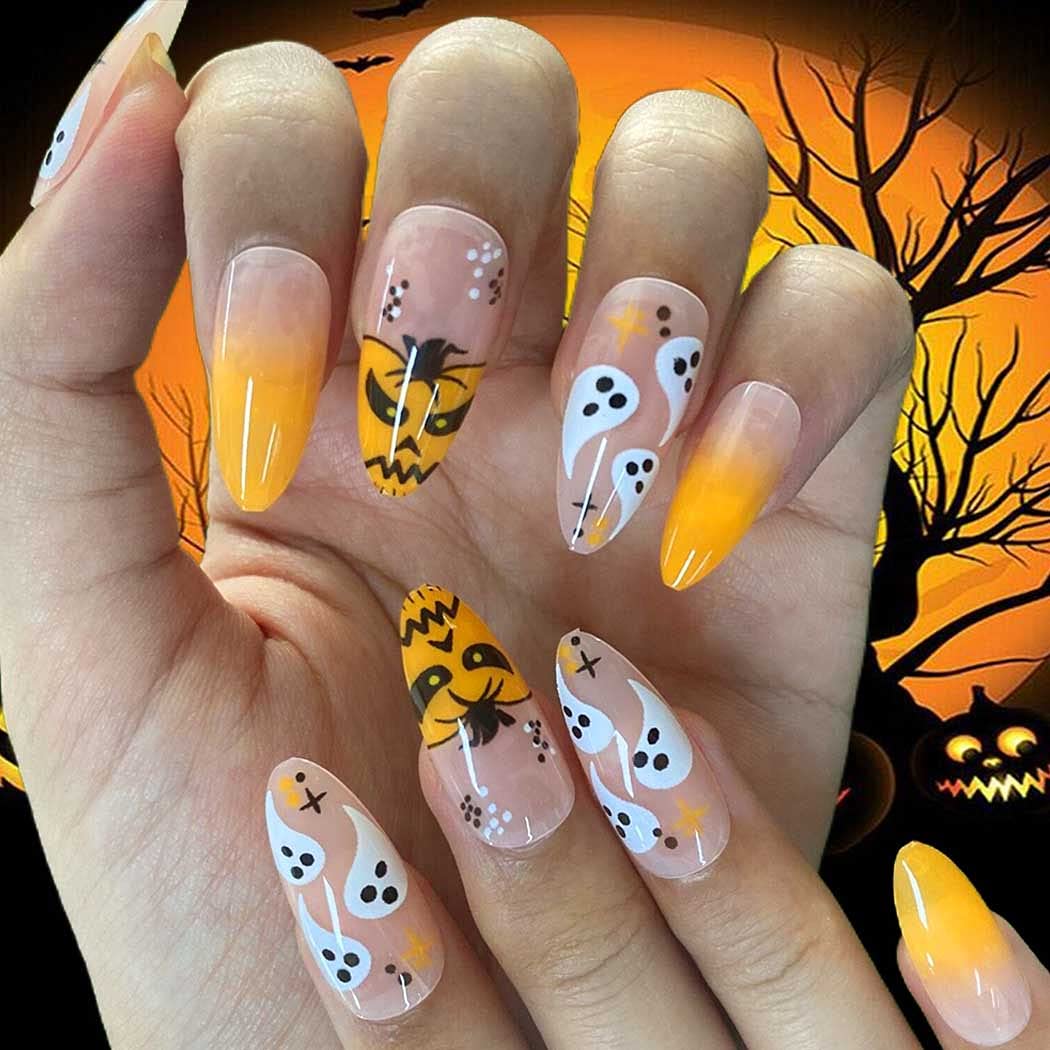 Outyua Stiletto Halloween Long Press on Nails with Design Horror Acrylic Fake Nails Ballerina False Nails Designer Full Cover Nails 24Pcs for Women and Girls (Orange Pumpkin)