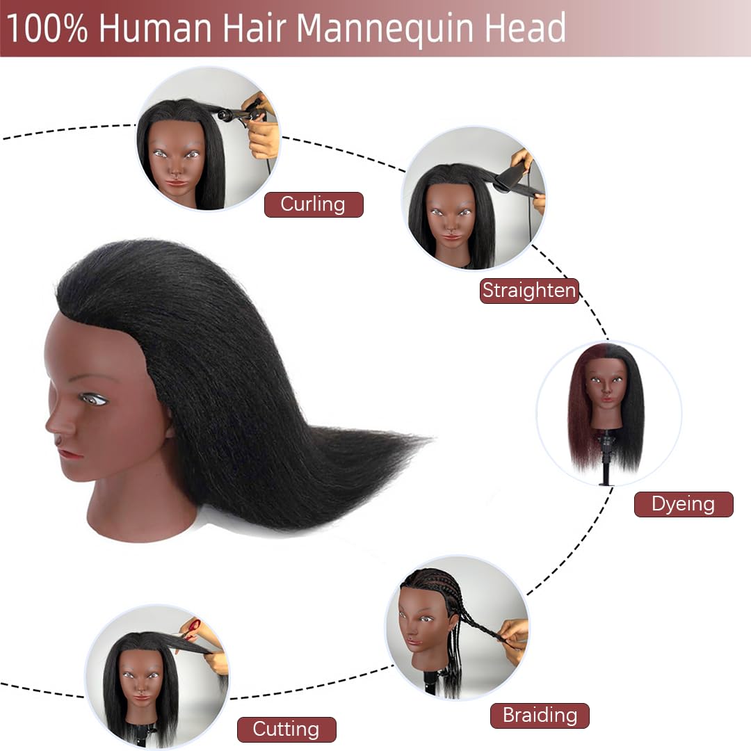 Opini 16" Mannequin Head Human Hair with 100% Real Hair Cosmetology Mannequin Doll Head for Hairdresser Practice Braiding Hairstyling with Free Table Clamp Stand (16 Inch)