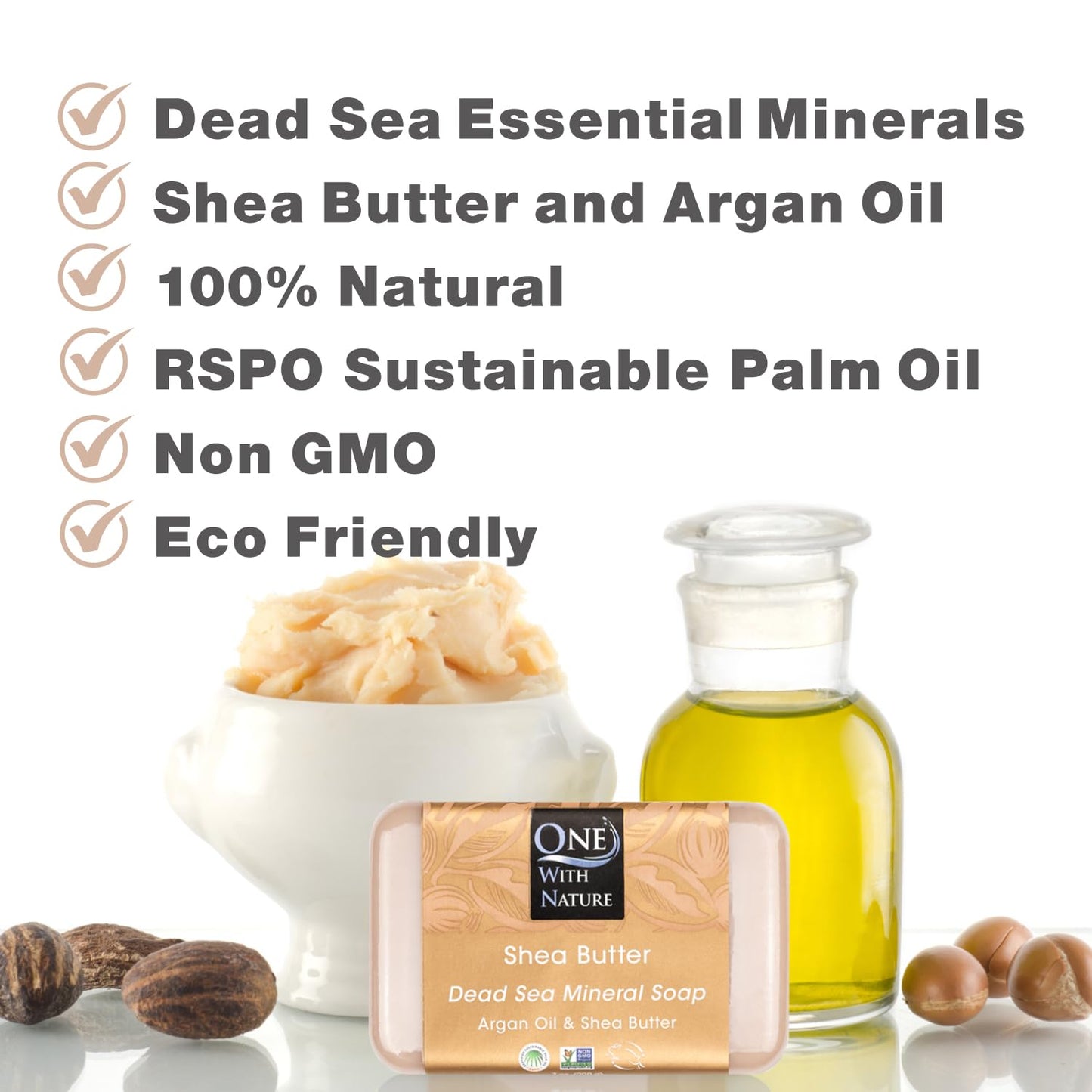 One With Nature Dead Sea Mineral Shea Butter Soap 4oz 3Pack with Argan Oil - Dead Sea Salt Includes Sulfur, Magnesium, and 21 Essential Minerals - 100% Natural, for All Skin Types