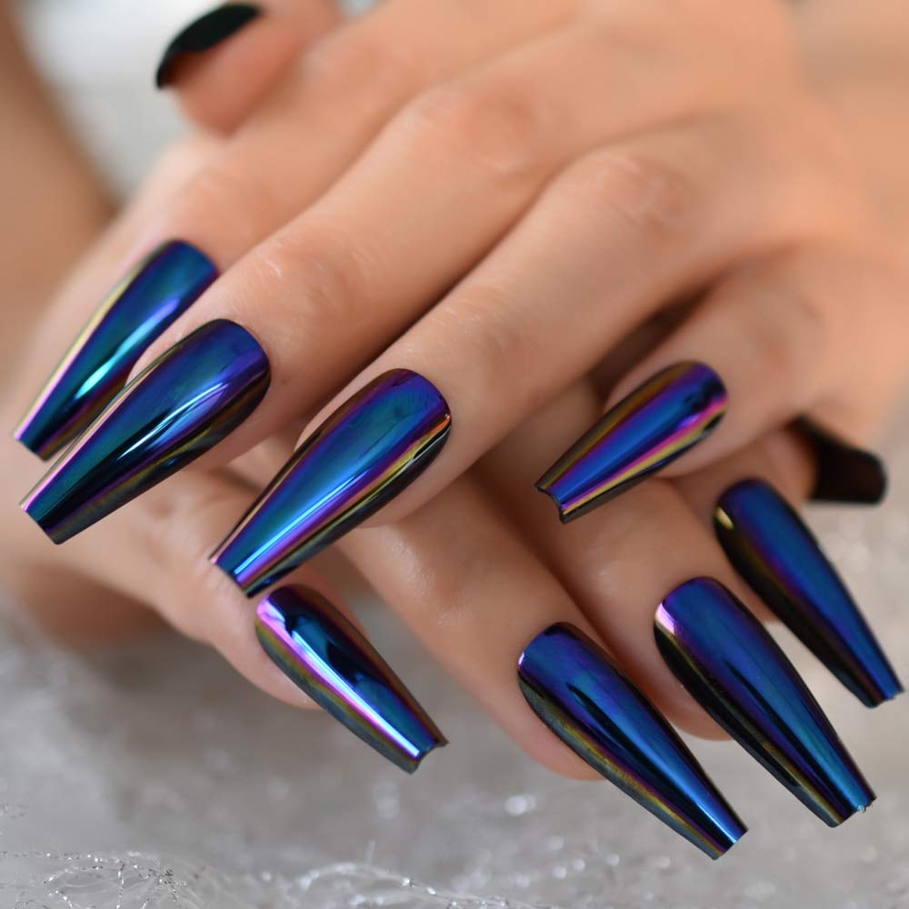 EchiQ Chrome Diamond Blue Press On Fingernails Coffin Metallic Mirror Holo Fake Nails Extra Long Ladies Designed Tips for Finger