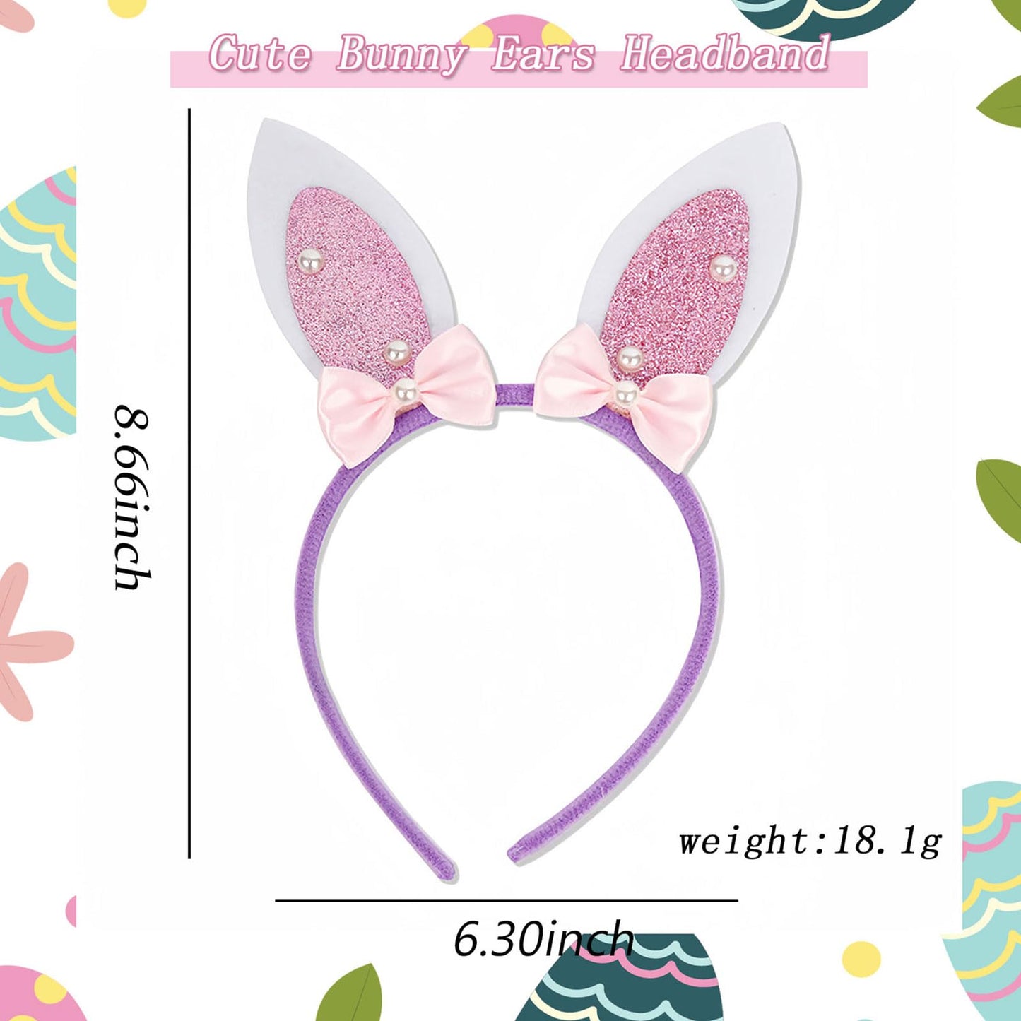 HIFANMM Easter Headbands Bunny Ears Hair Bands for Women Girls Kids, Cute Pink Rabbit Ear with Pearls Bow Hair Accessories Easter Day Decoration Headdress Party Supplies Gift Hair Hoop 1 Pcs