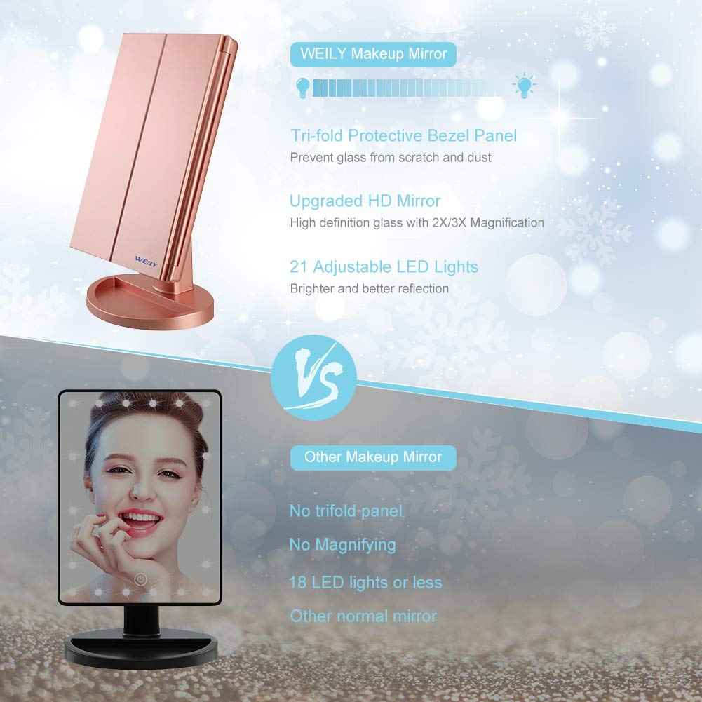 WEILY Makeup Mirror with 21 LED Lights,Two Power Supply, Touch Screen and 1x/2x/3x Magnification Tri-Fold Vanity Mirror for Makeup Desk(Rose Gold)