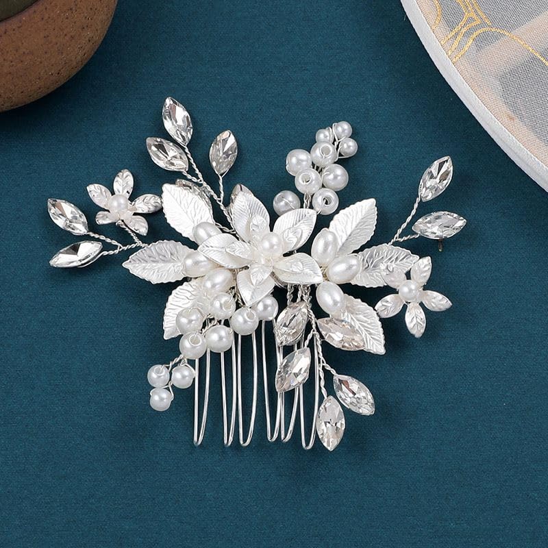 VMila Wedding Pearl Hair Comb Wedding Hair Comb Bridal Hair Accessories Pearl Flower Hair Accessories For Women Girls Wedding Hair Accessories (Silver Small Comb Flower)