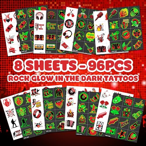 96 PCS Born to Rock and Roll Pre-Cut Luminous Glow in The Dark Temporary Tattoos for Kids | Super Cute Themed Birthday Party Favors Supplies Decorations, Music Fake Tattoos Gifts for Boys Girls