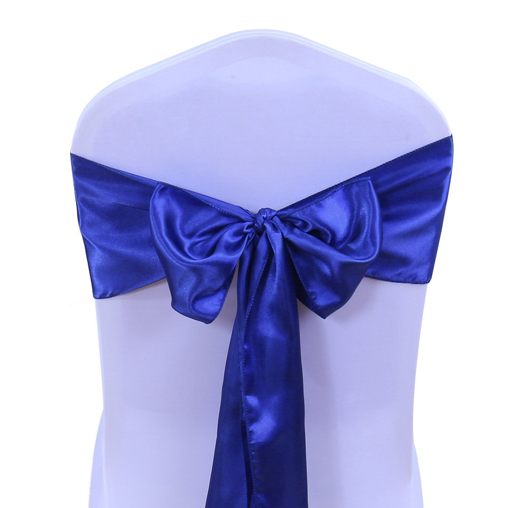 SINSSOWL 50 Royal Blue Chair Sashes Satin Chair Bows for Wedding Birthday Party Fiesta Restaurant Decor - 7x108 Inches Chair Ribbons Ties Fitted Banquets Folding Chairs Decorations