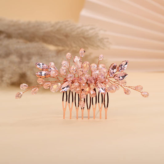 Teyglen Dainty Simple Full Rhinestones Hair Comb Pink Rose Gold Bride Wedding Hair Comb Luxurious Shiny Crystal Bridal Side Hair Pieces Hair Accessories for Women Girls (Pink)