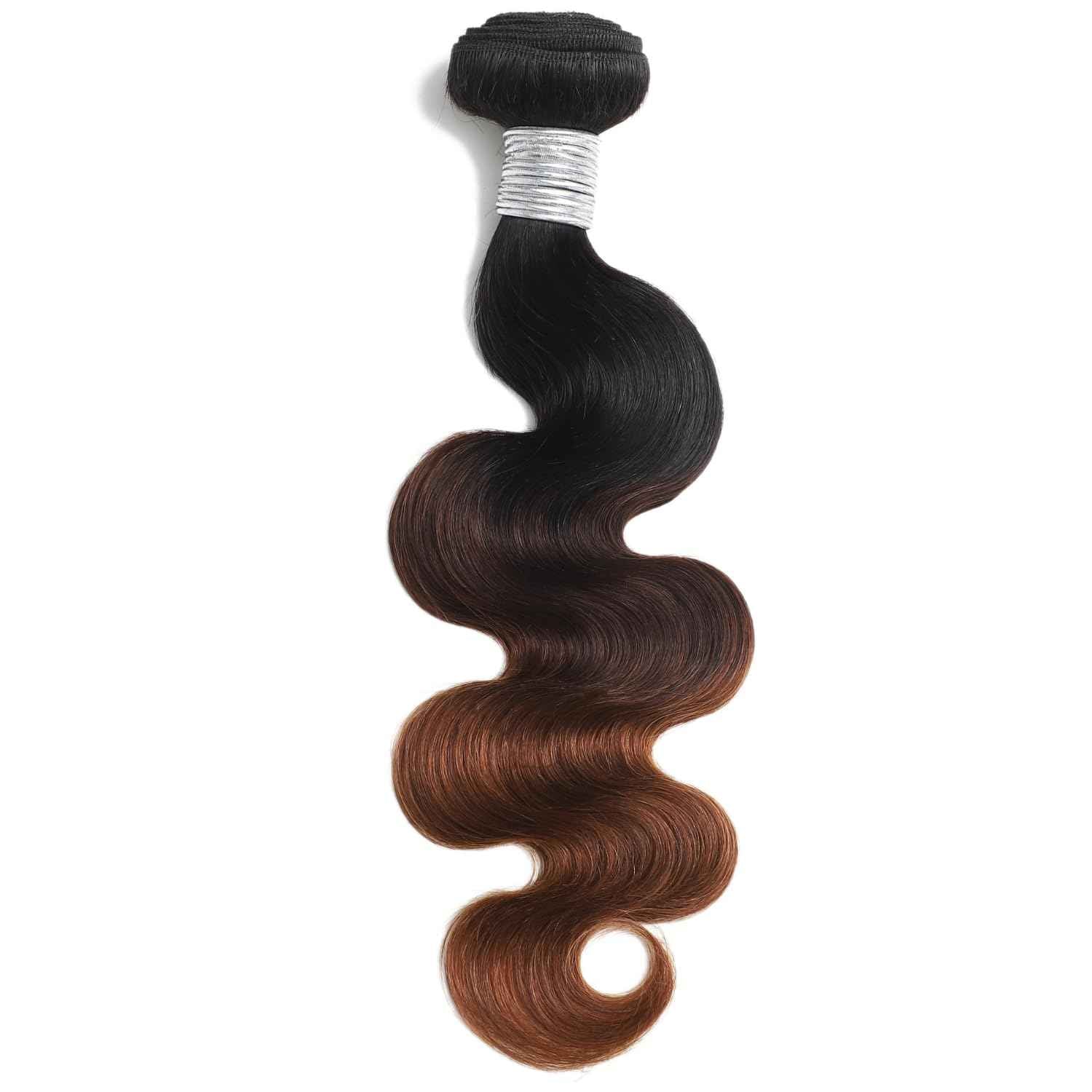 ANMETAN Chestnut Brown Ombre Color T1B/2/30 Human Hair Body Wave Single Bundle, Thick 12A Brown 3 Tone Ombre Bundles With Dark Roots 100% Remy Hair Wavy Sew In Quick Weave Keep Soft after Washes 12 IN