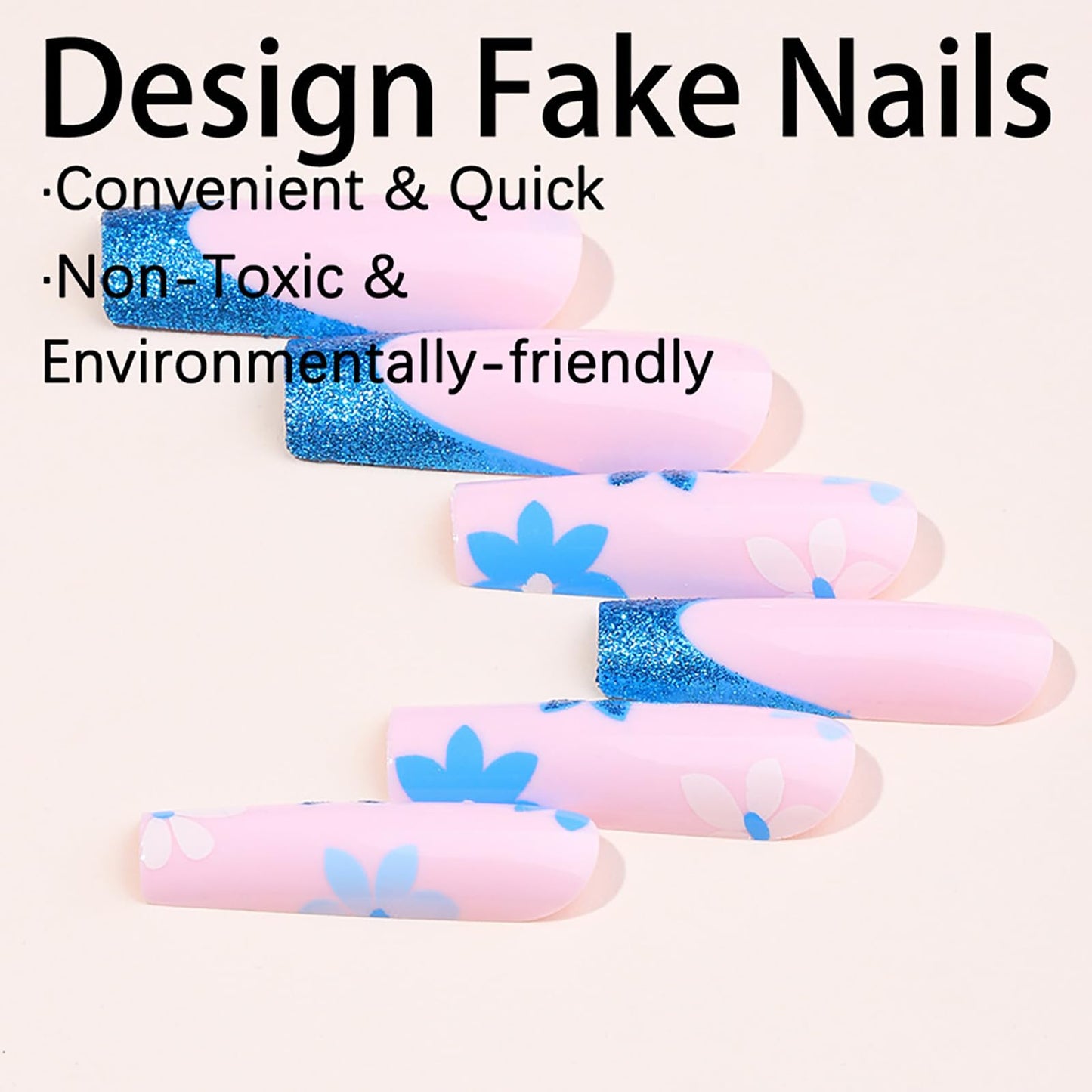 Rilafuvu French Tip Press on Nails Medium Fake Nails Coffin Pink Acrylic Nails with Flower Designs Glue on Nails Glitter Artificial Nails Stick on Nails Press on Nail for Women and Girls 24Pcs