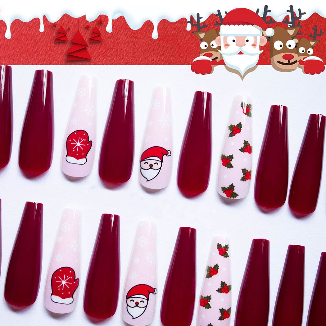 Uranian Coffin Extra Long Press on Nails Snowflake Red Christmas Fake Nails Elk Ballerina Glossy Full Cover False Nails Santa Claus Acrylic Nails Tips for Women and Girls 30 PCS (Pattern-E)