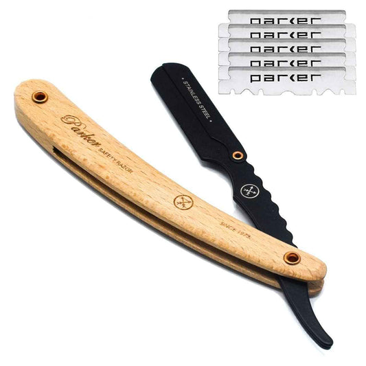 Parker SRP Pine Wood Handle Straight Edge Barber Razor – Stainless Steel Clip‑Type Straight Razor, 5 Premium Half DE Blades Included