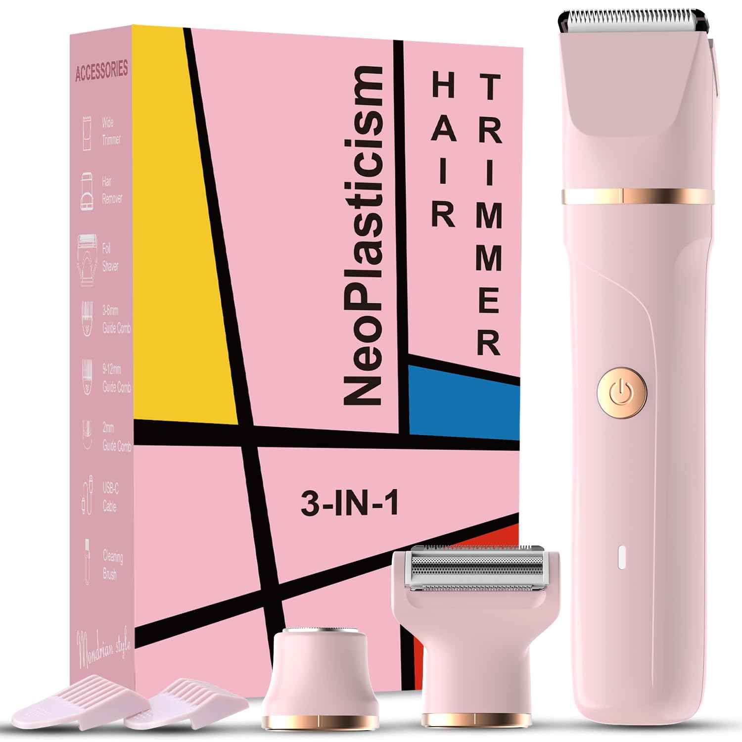 Bikini Trimmer for Women - 3-in-1 Painless Electric Razor Shaver,IPX7 Waterproof&Easy Cleaning for Pubic Hair,Face,Body with Ceramic Blades,USB Rechargeable,Wet&Dry Use(Peach)