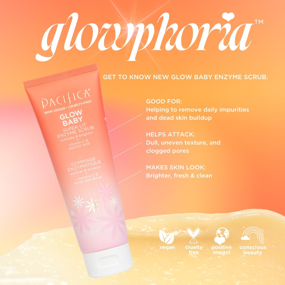 Pacifica Beauty Glow Baby Super Lit Enzyme Scrub Mini, Skincare, Exfoliating Face Wash, Vitamin C, Glycolic Acid, Pore Cleaner, For Soft and Smooth Skin, Vegan, Travel Size, 1.4 fl oz (1 Count)