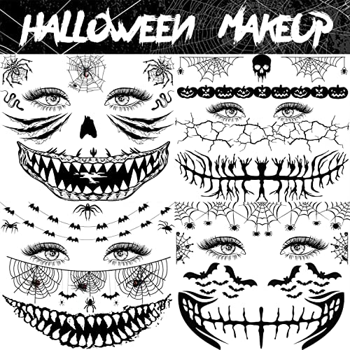 4 Sheets Scary Halloween Face Temporary Tattoos For Women Men, 3D Witch Zombie Makeup Kit For Kids Girls Boys Adults, Dia de los muertos Day of the Dead Makeup Face Tattoos Spider Web Bat Scar