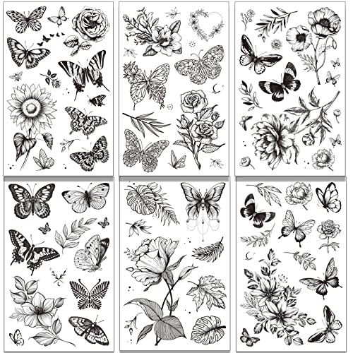 Black Flower Butterfly Temporary Tattoos for Women - 6 Sheets