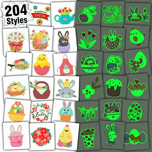 Partywind 204 Styles Glow Easter Kids Temporary Tattoos for Easter Basket Stuffers, Individually Wrapped Sheets Easter Tattoo Stickers for Boys Girls Party Favors, Easter Egg Hunt Games Essentials