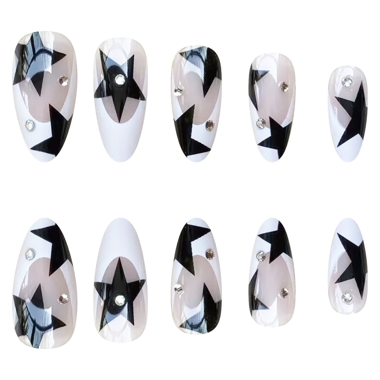 24 Pcs French Tip Press on Nails Medium Almond Fake Nails Black Stars Designs False Nails with Rhinestones Glossy Full Cover Nude Acrylic Nails Reusable Artificial Nails for Women and Girls