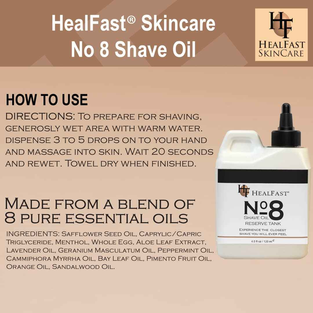 Healfast No 8 Shaving Oil Reserve Tank 4 Oz – Softens, Cleanses Pores – Prevents Razor Drag, Burn & Ingrown Hairs – Shave Oil for Men & Women – Can be used Before & After-Shave