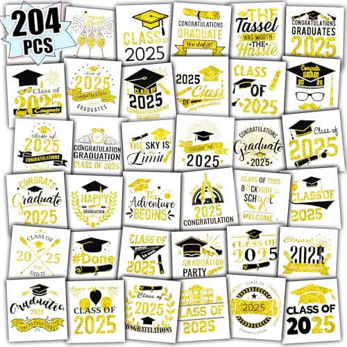 204 Metallic Glitter Graduation Temporary Tattoos Class of 2025