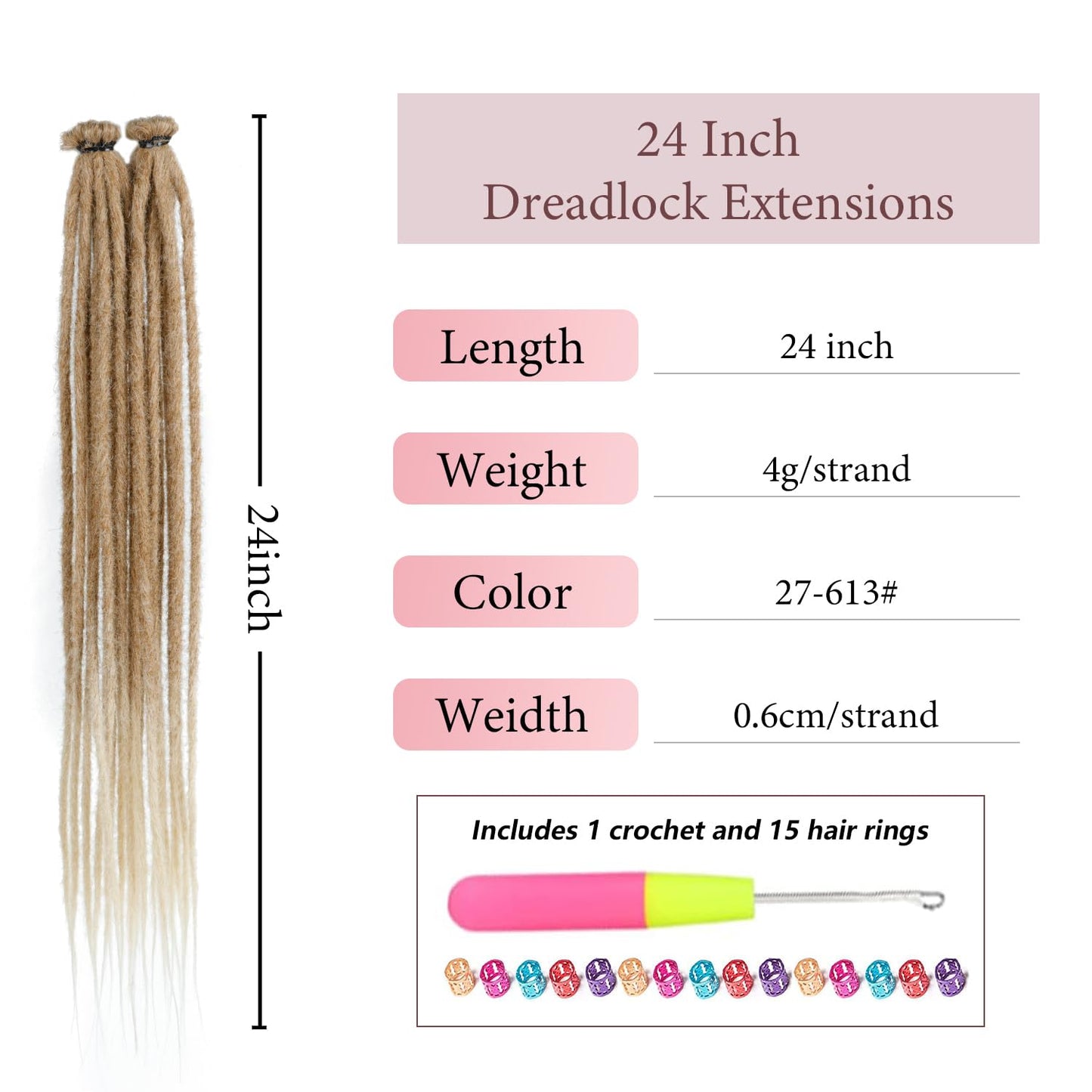 24 Inch Synthetic Dreadlock Extensions 20 Strands Hippie Single Ended Dreads Ombre Blonde 0.6 cm Width Loc Extensions Reggae Style Crochet Hair For Daily Use by Women and Men (24Inch, 27/613)