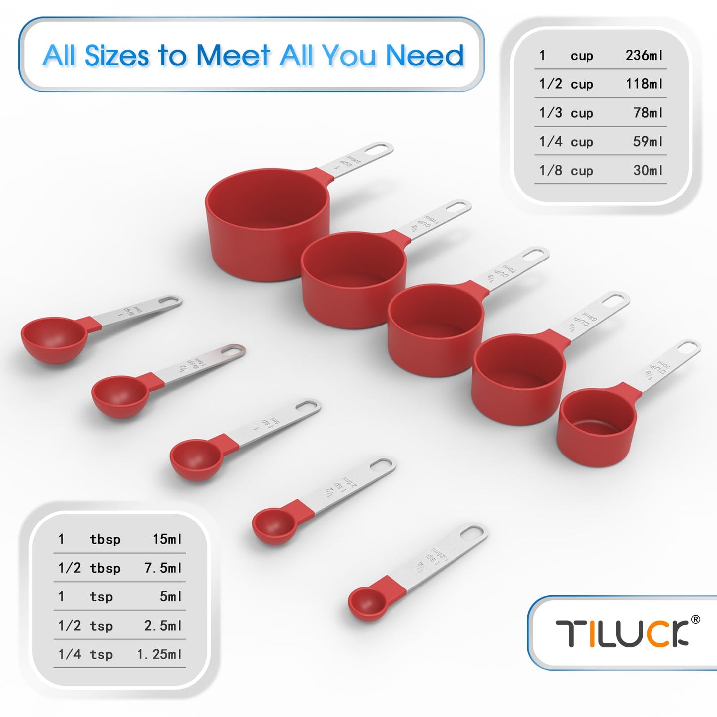 TILUCK Measuring Cups & Spoons Set, Stackable Cups and Spoons, Nesting Measure Cups with Stainless Steel Handle, Kitchen Gadgets for Cooking & Baking (Red)