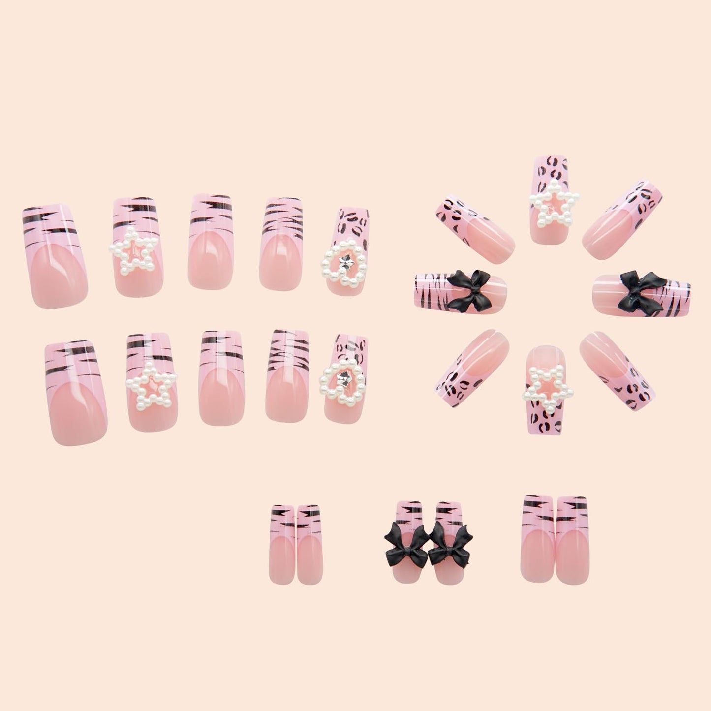 Cute Press on Nails Square Fake Nails Full Cover French Tip Zebra Stick on Nails with Bow Star Hearts Pearl Designs False Nails Pink Glossy Acrylic Glue on Nails for Women Girls Charm Manicure