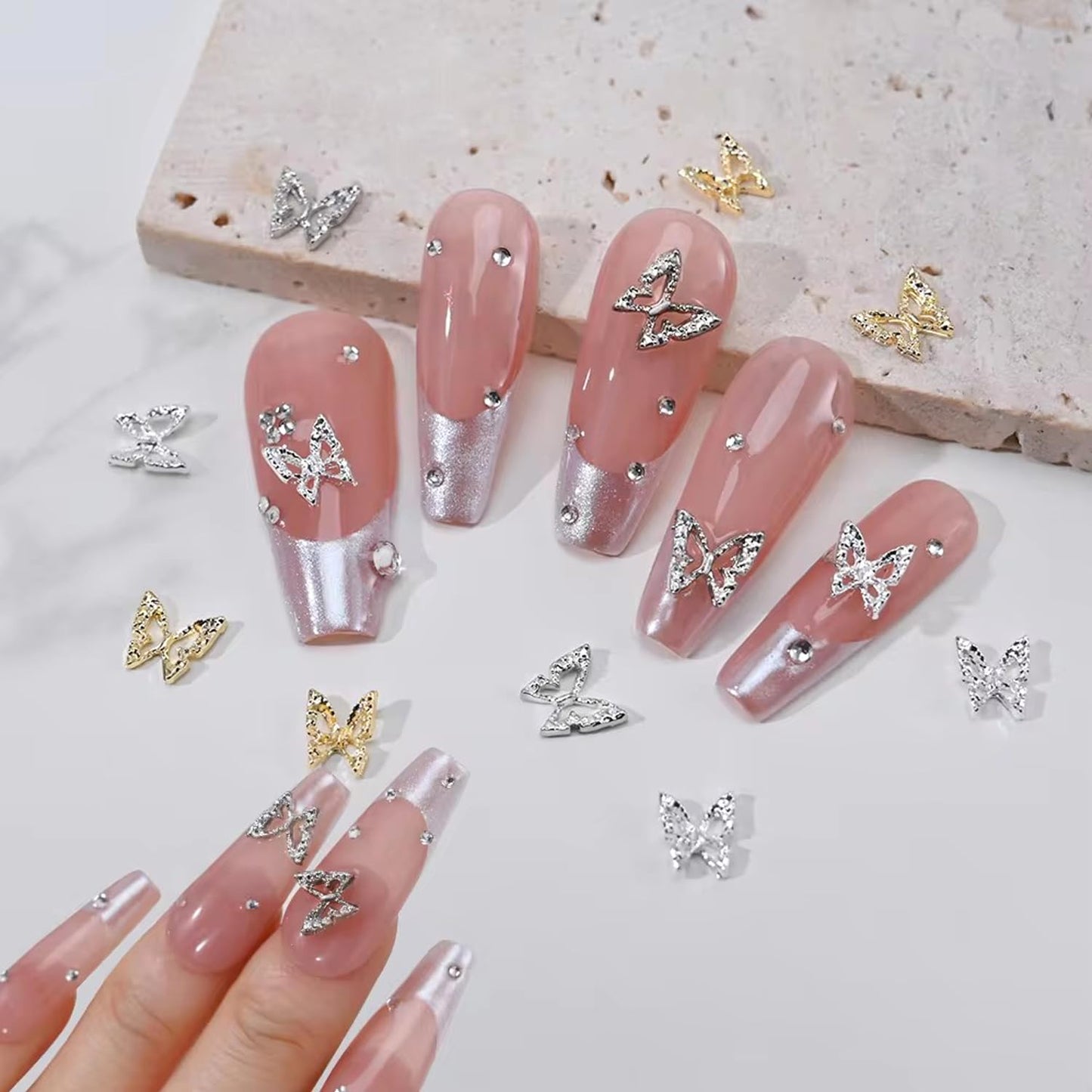 WOKOTO 200pcs Gold and Silver Butterfly Nail Charms for Acrylic Nails Hollow Butterfly Jewelrys 3D Nail Charms for Acrylic Nails Art 3D Butterfly Charms Gold Silver Nail Studs for Nails Designs