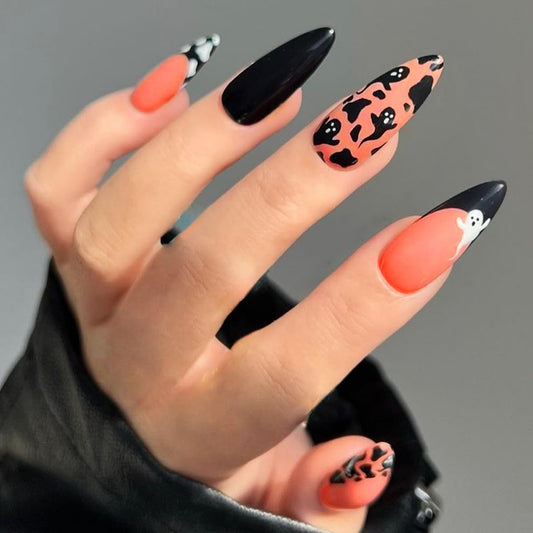 Halloween Press on Nails Long Almond Shape Fake Nails Full Cover Halloween Ghost False Nails with Designs Black Halloween Nails French Design Halloween Glue on Nails for Women Girls, 24Pcs