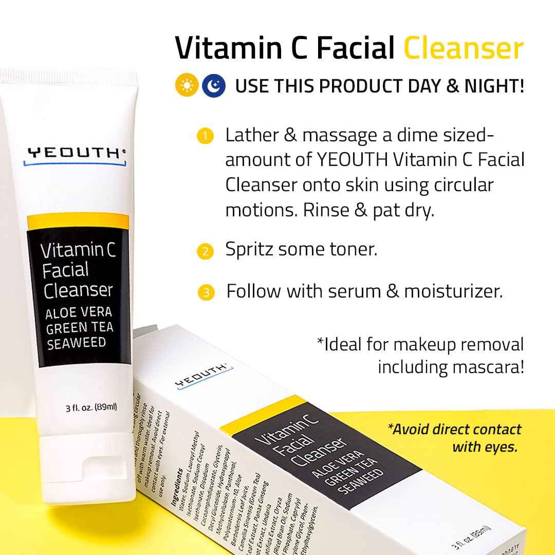 YEOUTH Vitamin C Cleanser for Face Wash, Hydrating Gentle Facial Cleanser, Face Wash for Men and Women 3 fl oz