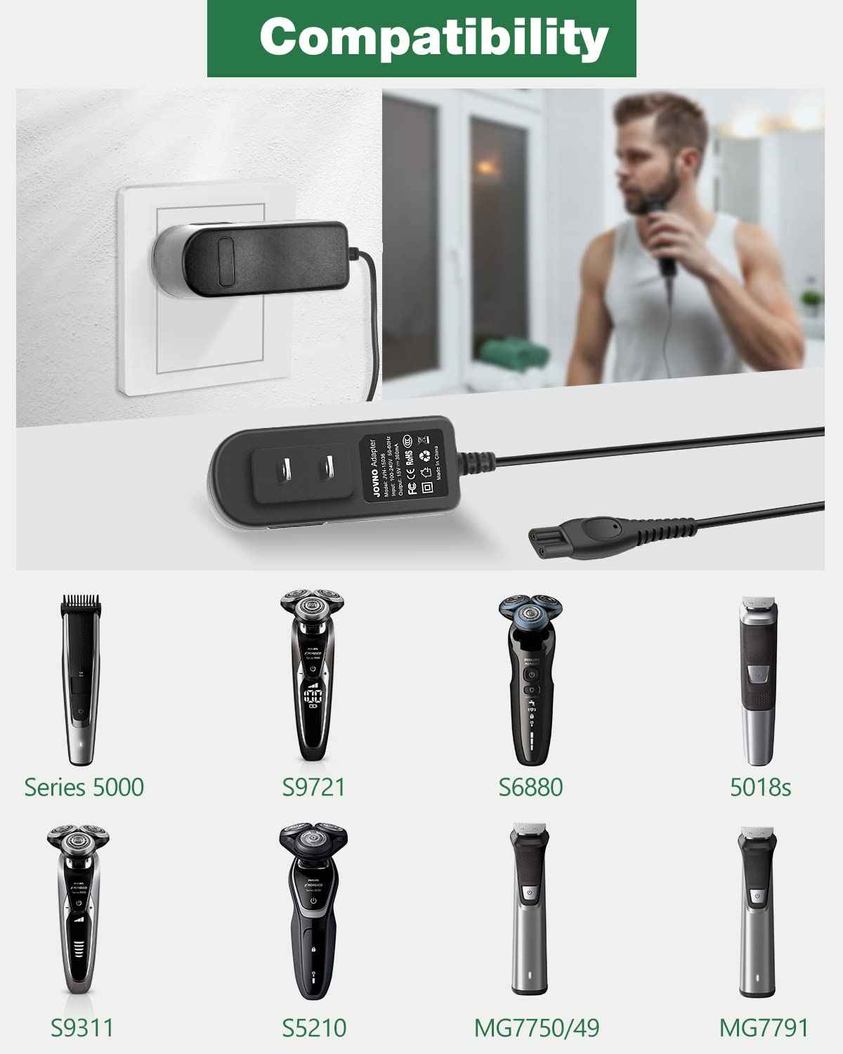 15V Charger Compatible with HQ8505 2300 3500 7000 5000 3000 Series & MG5750 MG7750 Electric Shaver Razor Aquatec Arcitec Multigroom Beard Trimmer, 15 Volt Power Supply Cord