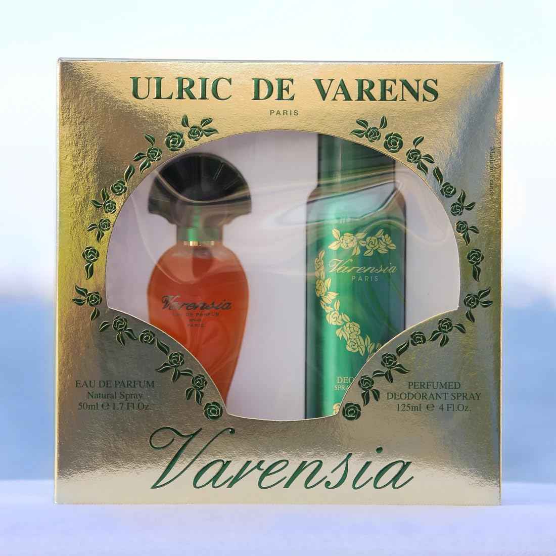 Ulric De Varens VARENSIA - Eau De Parfum for Women 2pcs Set- Earthy, Fruity, Floral Scent - Notes of Lotus Flower, Clove Raspberry, & Vanilla- Fruity & Floral- 1.7 Fl Oz + 4 Fl Oz Deodorant Spray