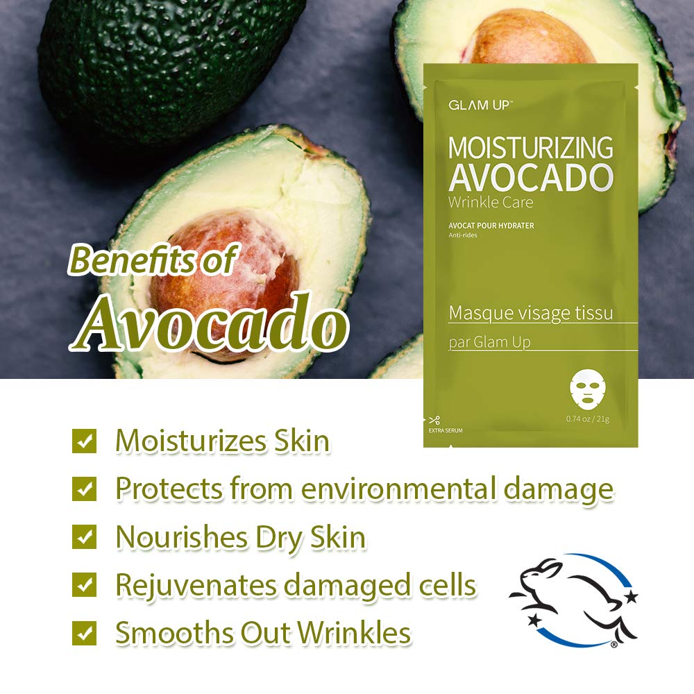 GLAM UP Sheet Mask Moisture Avocado (10 sheets) - Deep Hydration, Nourishing for Dry Skin