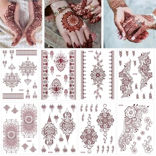 8 Sheets Brown Henna Tattoos Temporary Stickers Women Body Art Stickers for Wedding Party