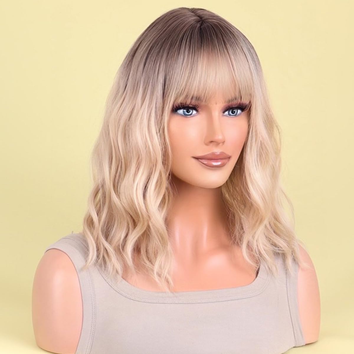 AneShe Blonde Ombre Wig Short Blonde Wavy Bob Wig for Women Curly Synthetic Hair Wig with Air Bangs Shoulder Length Ash Blonde Wigs for Party Cosplay (14" Blonde Ombre)