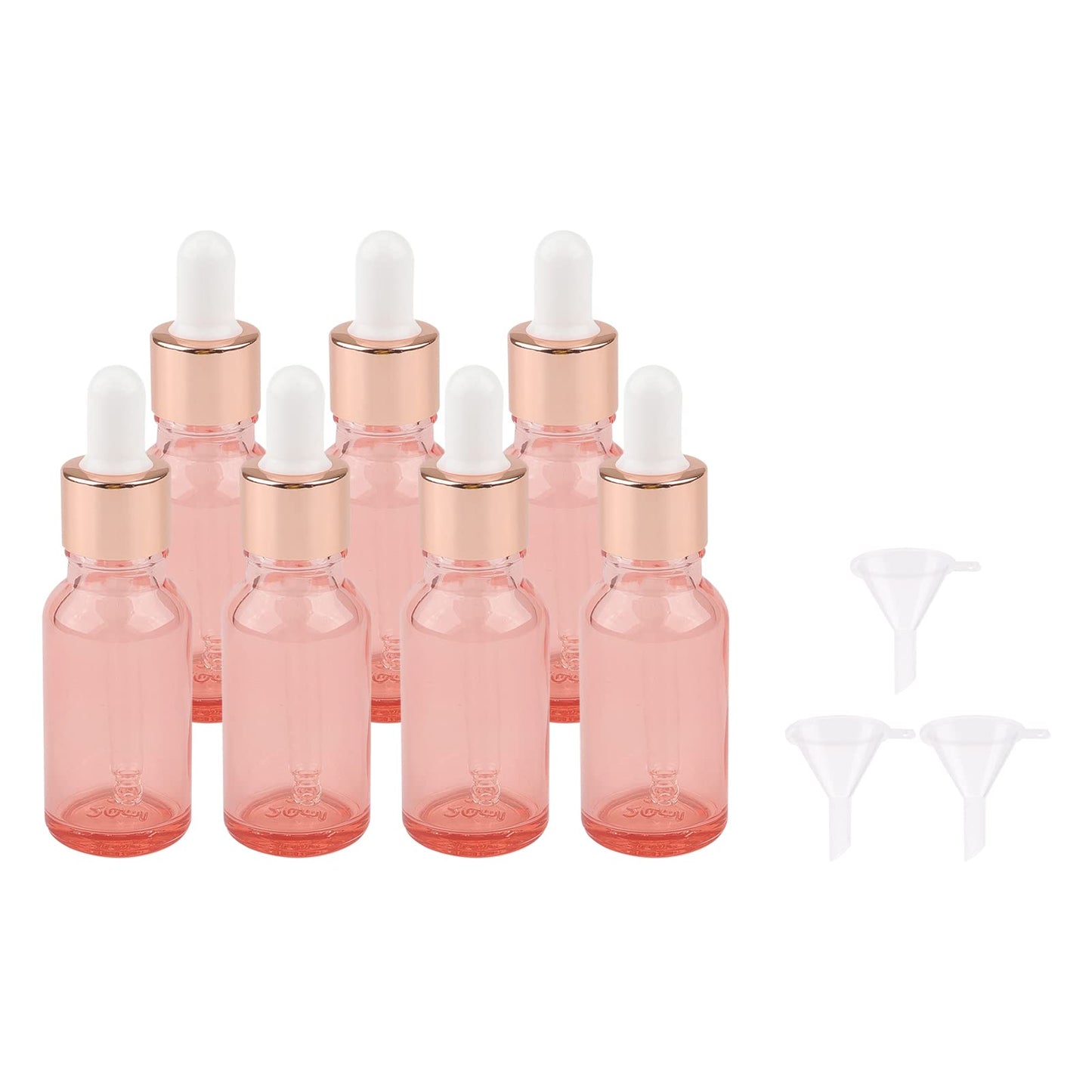 Kesell 7 Pack 20ml Pink Dropper Bottles, Empty Refillable Glass Sample Vials Essential Oils DIY Perfume Travel Container, With Rose-Gold Cap And 3 Funnels