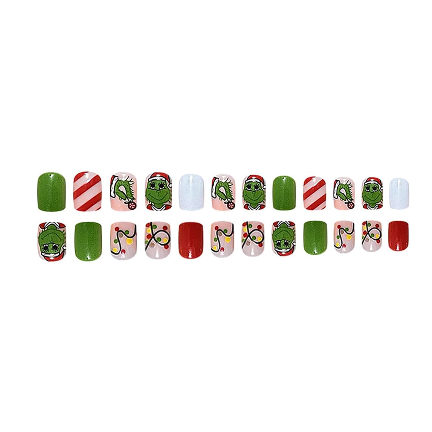 Christmas Press on Nails Short Fake Nails Cute Cartoon Grinchs Stick on Nails False Nails with Designs Acrylic Nails Winter Xmas Glue on Nails Full Cover Holiday Artificial Nails for Women