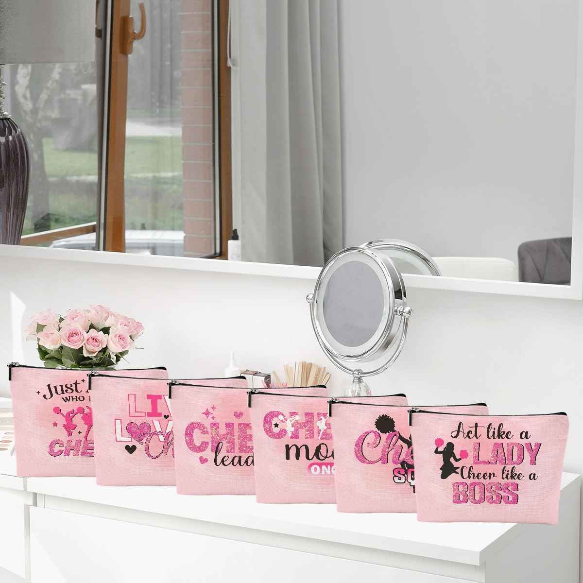 Cheerleader Gifts, 6 Pcs Cheer Makeup Bag Cheer Gifts Cheer Stuff Cosmetic Bag Cheerleading Gifts for Women Girls Sisters Teammates Travel Toiletry Bag, Graduation Birthday Gifts Cheer Team Gifts