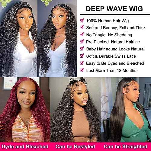 13x4 Deep Wave Lace Front Wigs Human Hair Wigs for Black Women HD Transparent Deep Wave Frontal Wig Wet and Wavy Curly Lace Front Wig Human Hair Glueless Wigs Human Hair Lace Front Wigs 28 Inch