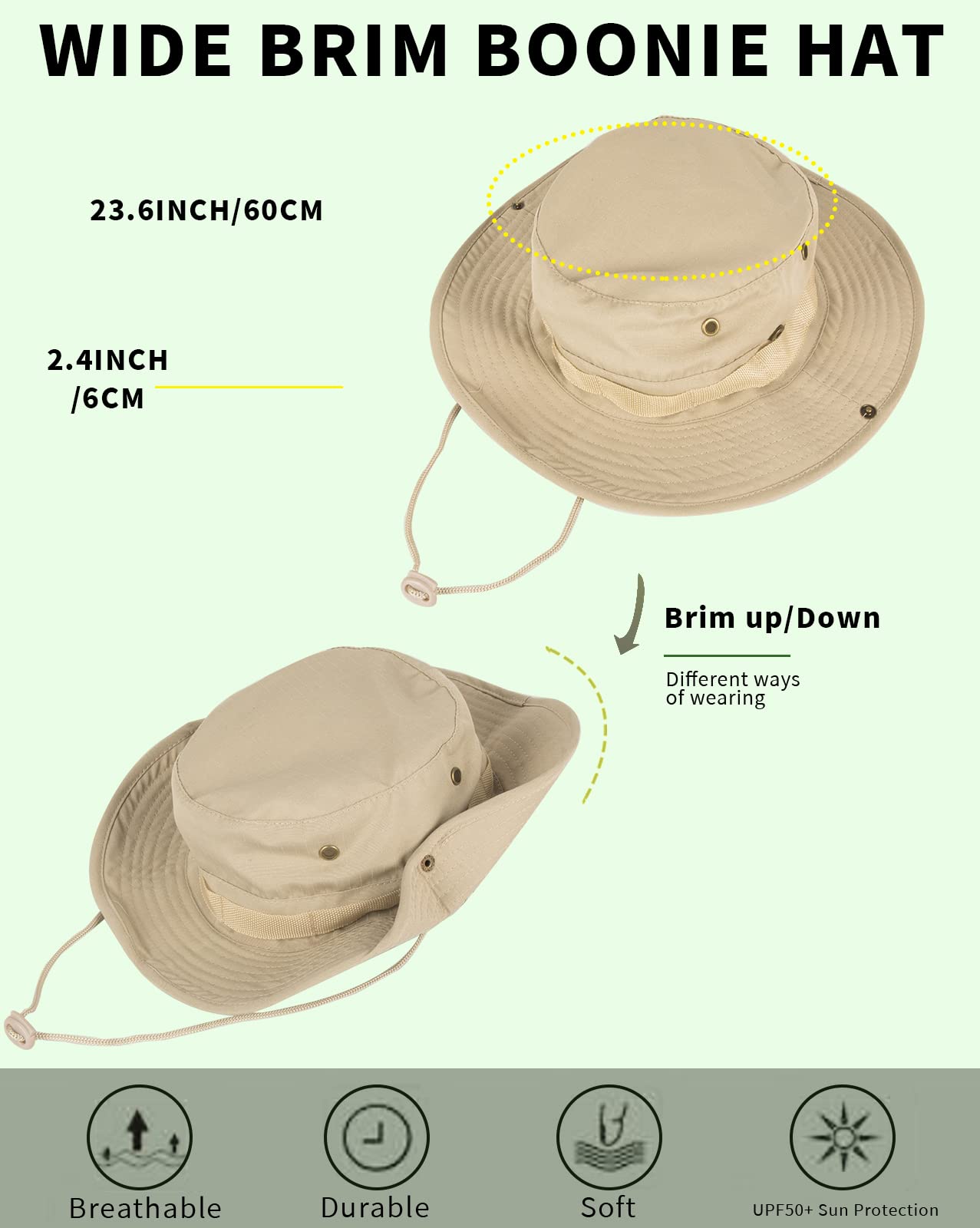 Sun Hats for Men Women Bucket Hat UPF 50+ Boonie Hat Foldable UV Protection Hiking Beach Fishing Summer Safari(1pack-Beige)