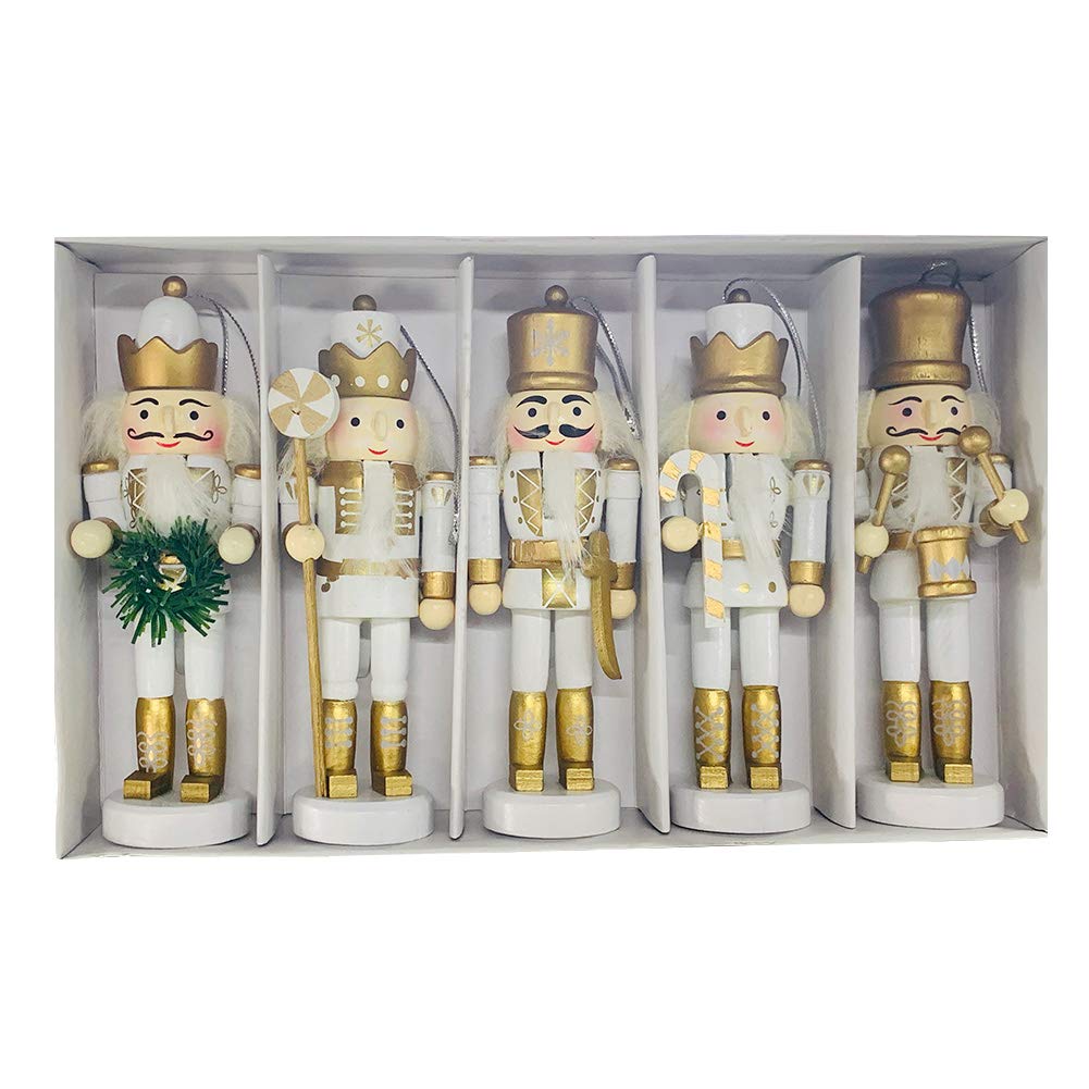 BlueSpace Christmas Nutcracker Ornaments Set Wooden Nutcrackers Hanging Decorations for Christmas Tree Figures Puppet Gifts (5", White)