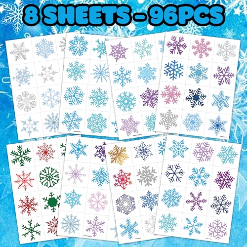 96 PCS Blue Snowflake Pre-Cut Temporary Tattoos Sticker Winter Birthday Christmas Party Decorations Decor Supplies Favors Gifts for Girls Boys Baby Showers Cute Fake Tattoos Classroom Reward Themed
