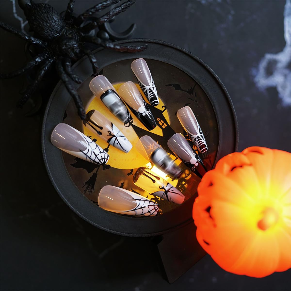 Halloween Press on Nails Long Coffin Fake Nails Black French Tip False Nails with Designs Spider Cobweb Ghost Pumpkin Glue on Nails Fall Cover Glossy Acrylic Nails Stick on Nails for Women Girls 24Pcs