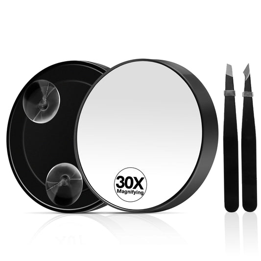 30X Magnifying Mirror, Magnifying Mirror Suction Cup, Travel Makeup Mirrors with Precise Tweezers, Compact Mirrors for The Removal of Female Facial Hair, 3.5 Inches (Black)