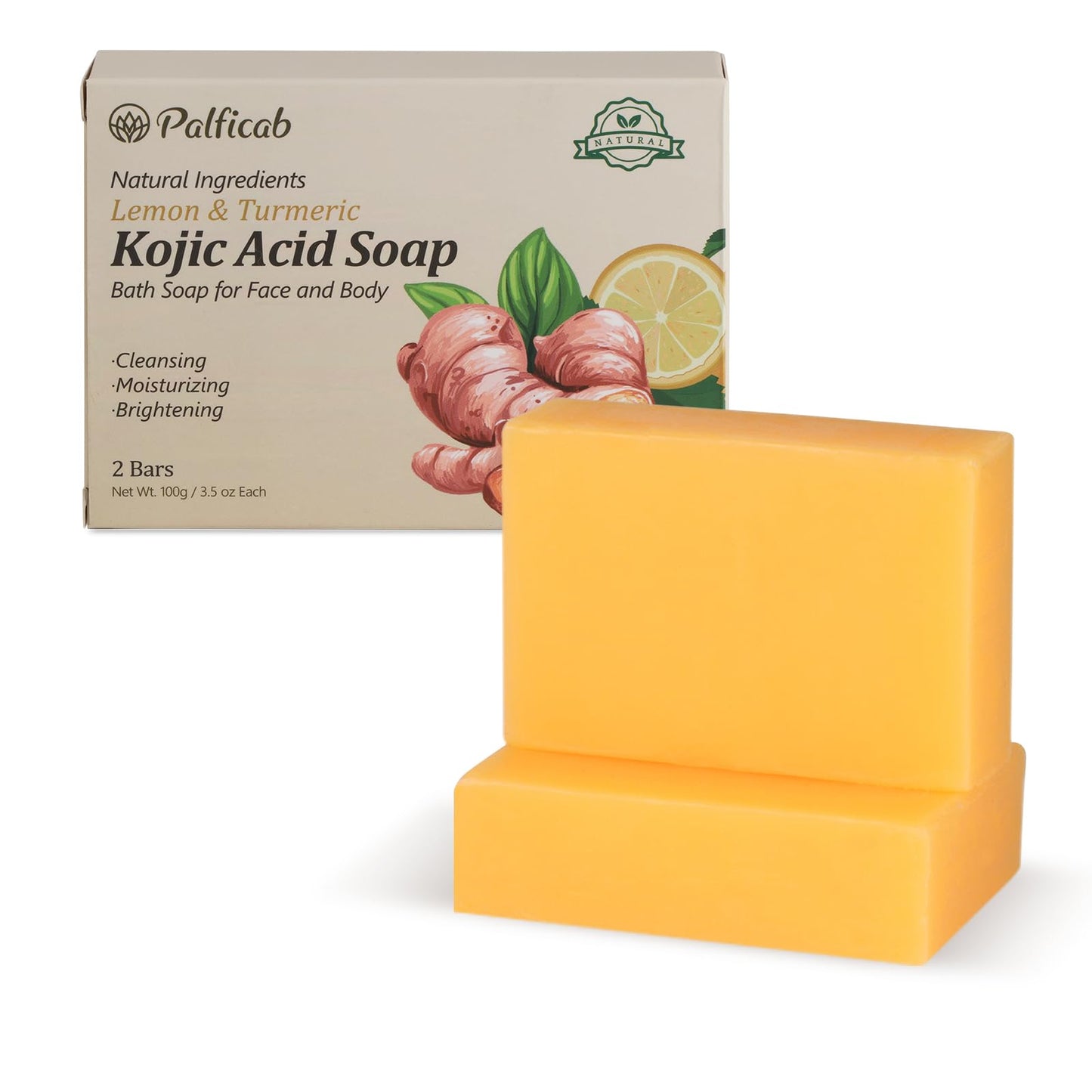 PALFICAB Lemon Turmeric Kojic Acid Soap for Women – Kojic Acid Soap with Turmeric, Vitamin C, Coconut Oil, Tea Tree Oil, and Shea Butter. Includes 2 bars