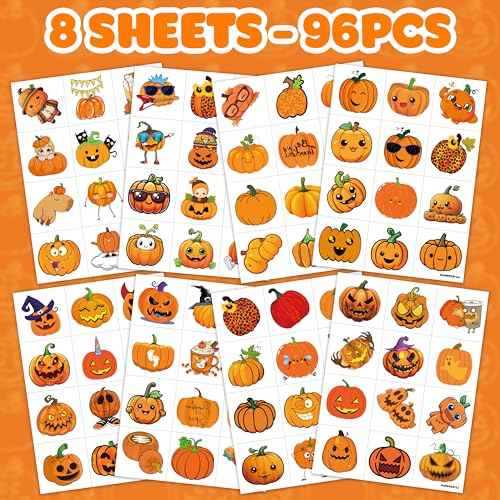 96 PCS Funny Halloween Fall Little Thanksgiving Pumpkin Pre-cut Temporary Tattoos Sticker Autumn Birthday Party Favors Supplies Gifts Boys Girls Baby Shower Cute School Reward Themed