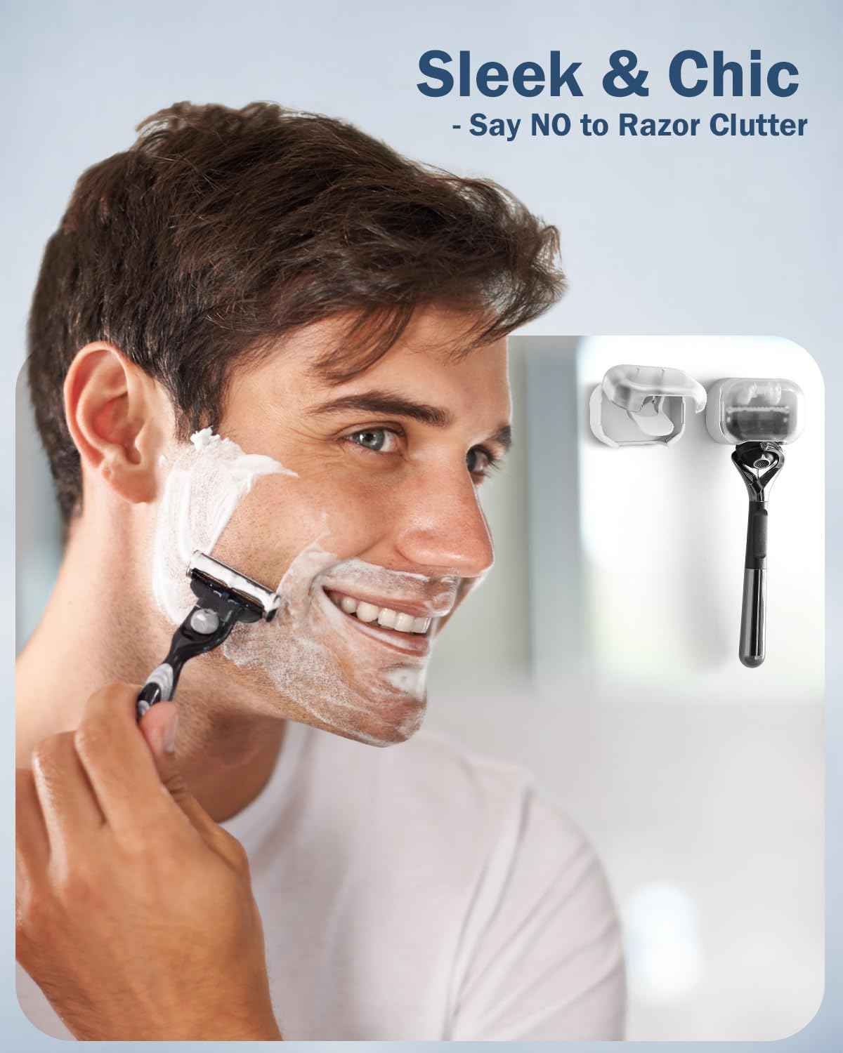 BEZOX Wall Mounted Razor Holder (2-Pack) – Auto-Closing Dust Cover, No-Drill Adhesive Mount Razors Hanger for Shower & Bathroom – Sleek Razor Stand for Men, Safety Razor Organizer with Secure Hooks