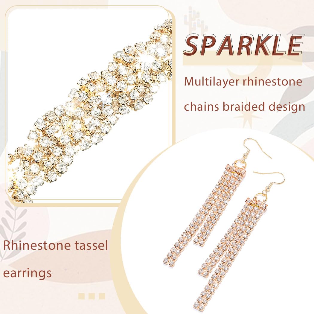 Barode Braided Rhinestones Headband Earrings Gold Crystal Hairbands Eardrop Sparkle Head Chain Tassel Jewelry Set for Women (White, Free Size)