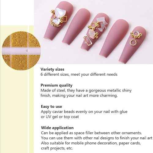 0.8mm Gold Nail Charms Caviar Beads for Nails 6 Sizes Mini Small Stainless Steel Beads Nails Art Decorations Gun Grey DIY Tool Nail Studs Accessories Gold Charms for Nails (Light Gold)