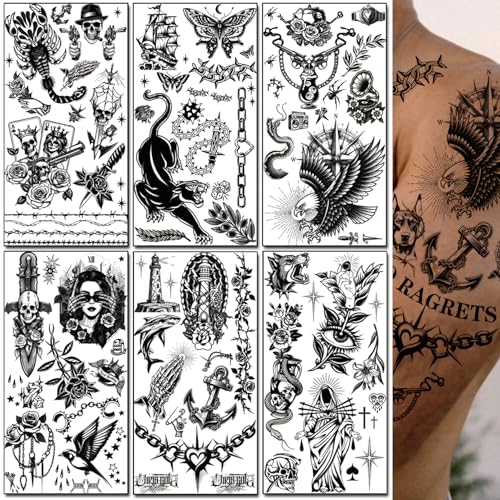 Black Temporary Tattoo Stickers - 12 Sheets Traditional American Tattoos